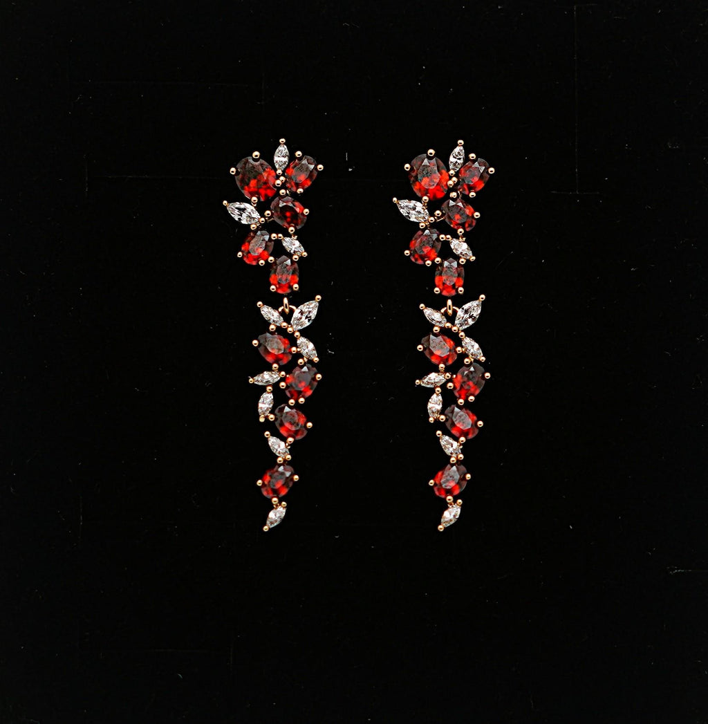 Ruby Red CZ Vine Drop Earrings 18K Gold PVD · Waterproof Crystal Statement Dangles · Tarnish Free Stainless Steel · Elegant Evening Gift for Her