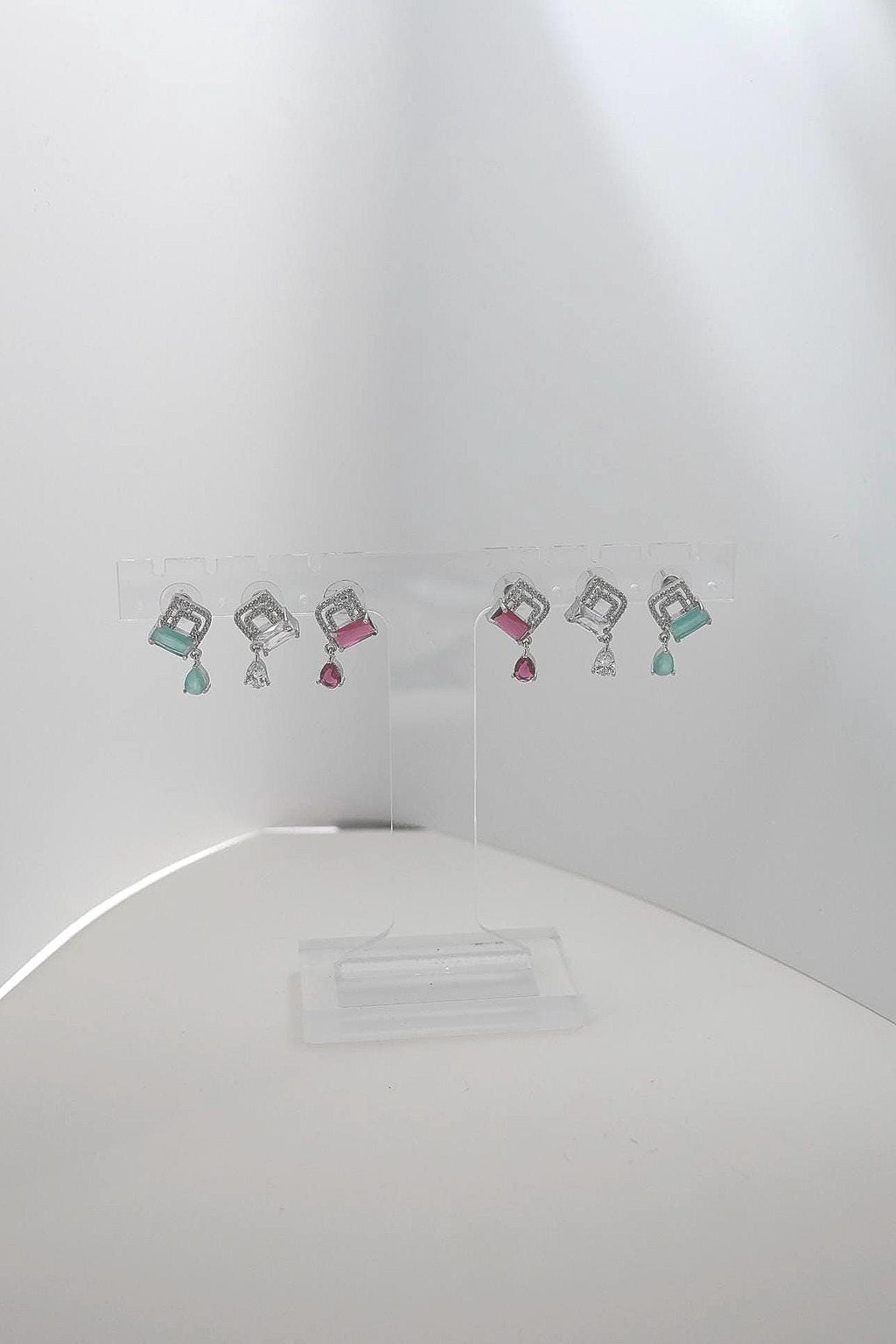 Pink Crystal Drop Earrings · Waterproof CZ Ruby Geometric Studs · Tarnish Free Stainless Steel · Elegant Minimalist Gift for Her