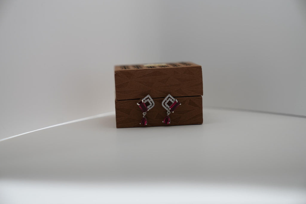 Pink Crystal Drop Earrings · Waterproof CZ Ruby Geometric Studs · Tarnish Free Stainless Steel · Elegant Minimalist Gift for Her