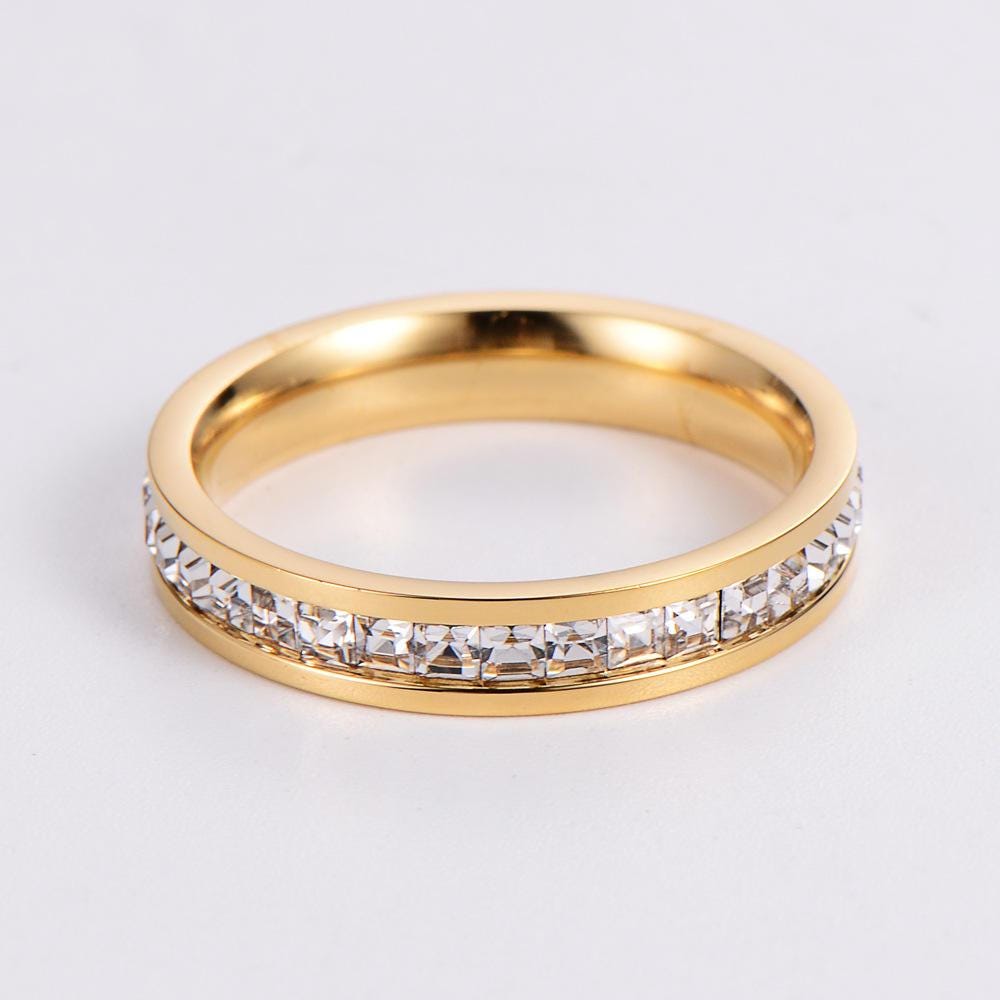Crystal Eternity Band Ring 18K Gold PVD - Waterproof CZ Stackable Ring - Tarnish Free Stainless Steel - Elegant Everyday Gift for Her