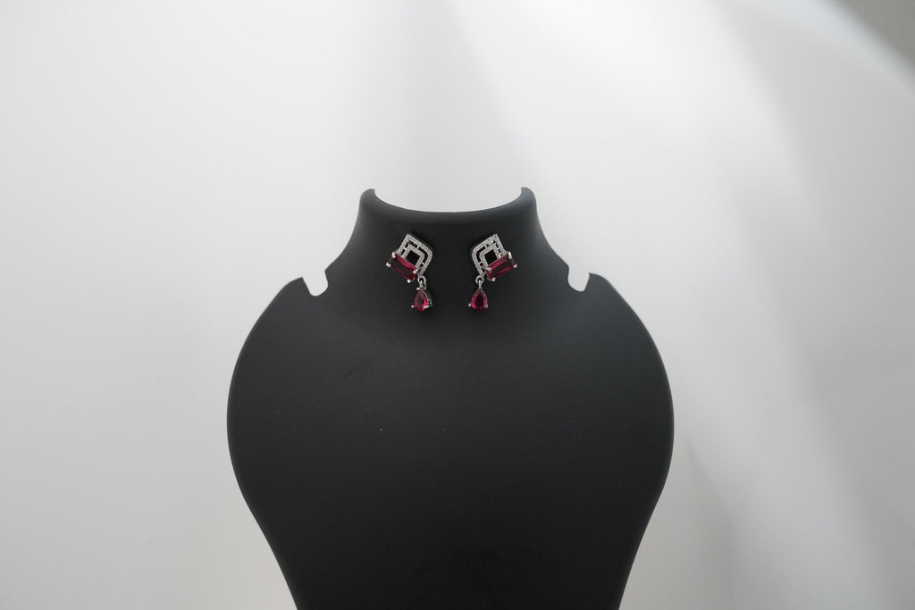 Pink Crystal Drop Earrings · Waterproof CZ Ruby Geometric Studs · Tarnish Free Stainless Steel · Elegant Minimalist Gift for Her
