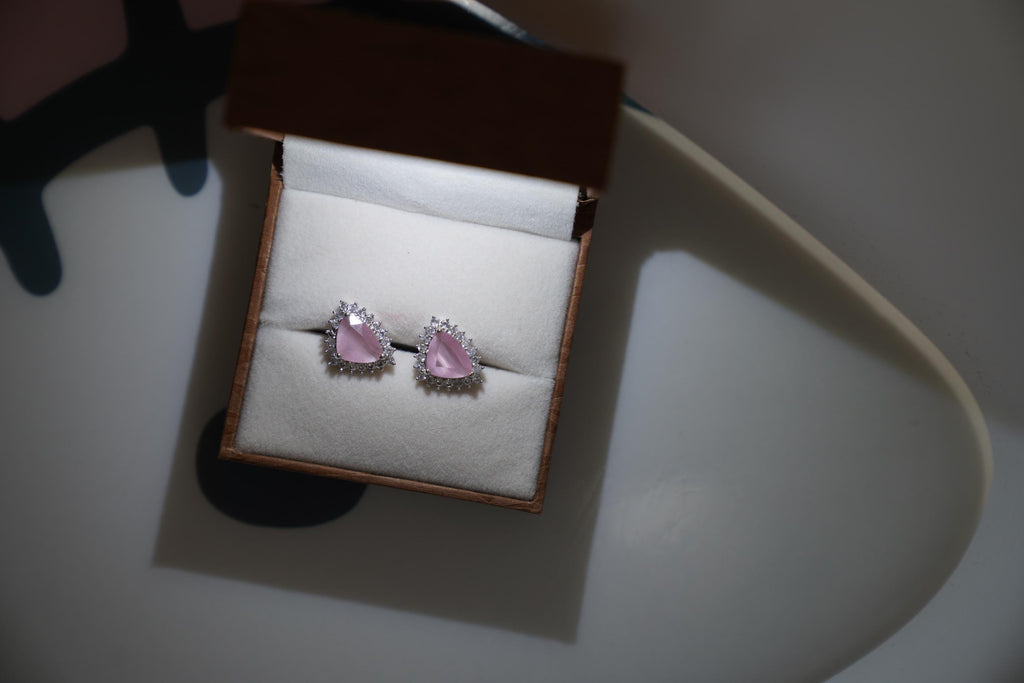 Blush Pink Teardrop CZ Stud Earrings · Waterproof Halo Crystal · Tarnish Free Stainless Steel · Minimalist Elegant Gift for Her